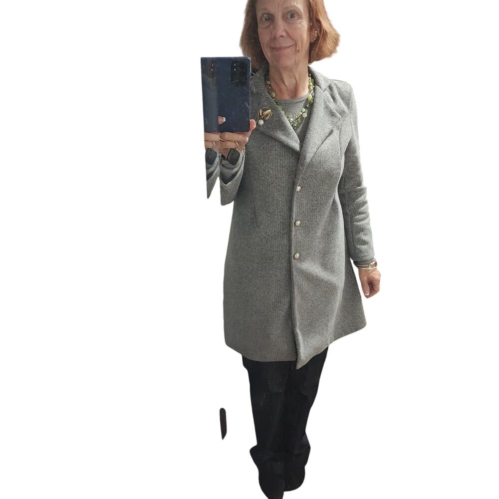 Stylish Gray Knee‑Length Coat | Silver Buttons | Size L